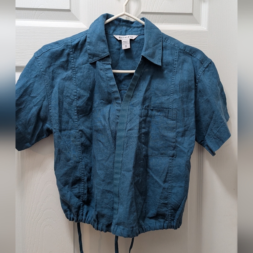 Women's Athleta Linen Short Sleeve Shirt XS teal
